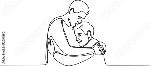 continuous line drawing of adult man hugging father.one line drawing of mature man missing father figure .illustration of a single line drawing