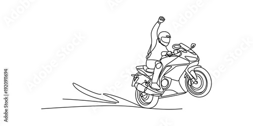 Line drawing of a motorcyclist performing a wheelie stunt with one arm raised high in the air. Vector, illustration