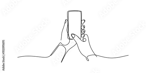 Minimalist one line drawing of two hands holding a smartphone against a white background Vector, illustration