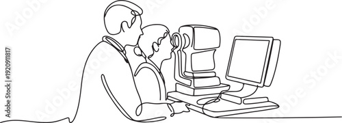 An ophthalmologist uses modern technologies to perform computer perimetry .illustration of a single line drawing