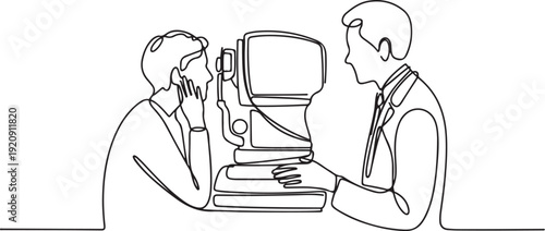 An ophthalmologist uses modern technologies to perform computer perimetry .illustration of a single line drawing
