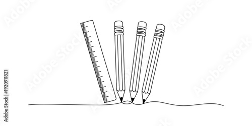 Simple black and white line drawing of three pencils and a ruler standing upright on a line Vector, illustration