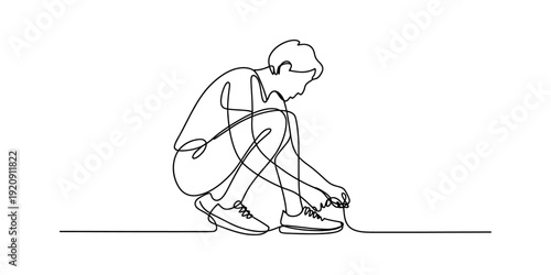 Continuous line drawing of a person crouching down to tie their shoelaces before a run Vector, illustration