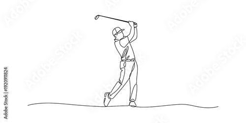 A minimalist line drawing of a golfer finishing a swing on a golf course under a clear sky. Vector, illustration
