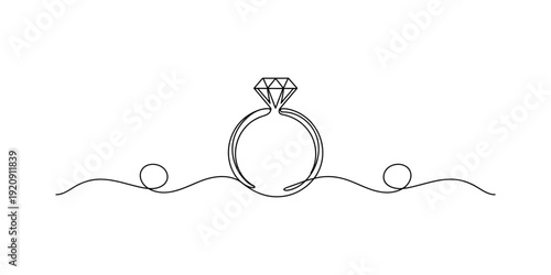 Minimalist black and white sketch of a diamond ring and decorative circular elements Vector, illustration