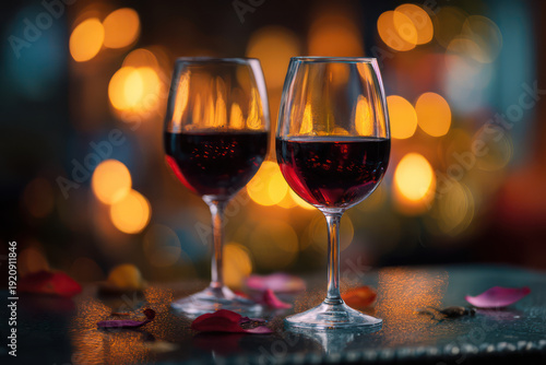 Two Wine Glasses with Red Wine on Table with Rose Petals