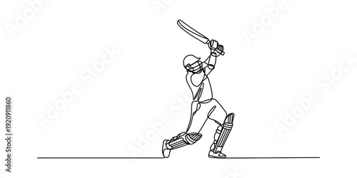 Continuous line drawing of a cricket player swinging a bat in a dynamic sports action pose. Vector, illustration