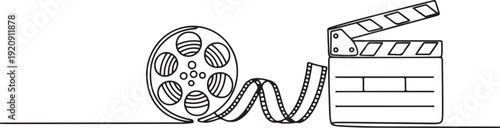 one continuous line drawing of retro classic film board and film roll. one line drawing of cinema. minimalist line of film equipment .illustration of a single line drawing