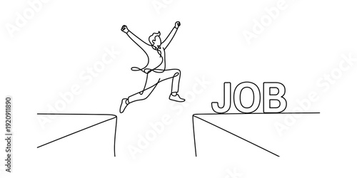 Simple line drawing of a businessman jumping across a chasm to reach his dream job goal. Vector, illustration