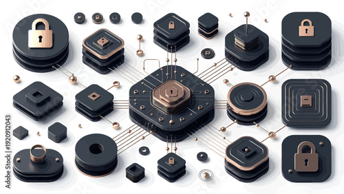 Collection of 3D rendered black security icons with gold lock symbols.