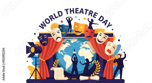 World theatre day celebration with comedy and tragedy masks globally