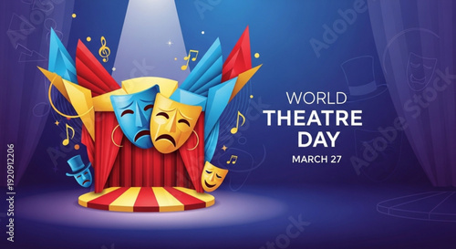 Theatre masks on stage for world theatre day on march 27th celebration