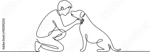 Continuous one line drawing of a person kneeling to pet a dog. illustration of a single line drawing