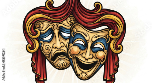 Theatrical comedy and tragedy masks with red hair on white background