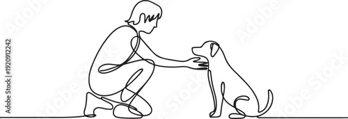 Continuous one line drawing of a person kneeling to pet a dog. illustration of a single line drawing