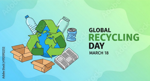 Global recycling day illustration with earth recycling symbol and waste