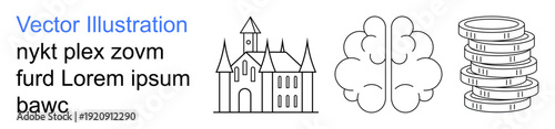 Education, creativity, finance, architectural design, mental health, wealth concepts. A castle, brain illustration and stack of coins. Education and creativity concepts highlighted