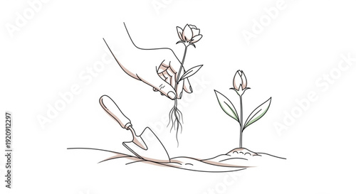 Hands planting flowers with a trowel in garden soil carefully