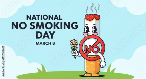 Cartoon cigarette character holds flower on national no smoking day