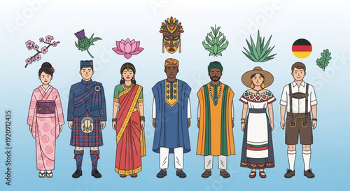 Diverse people in traditional clothing from around the world standing together in unity and cultural pride