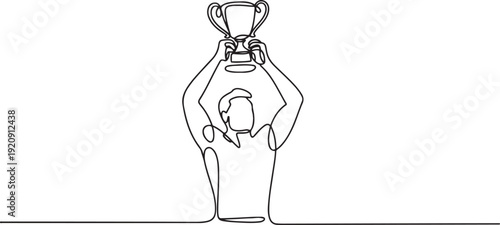 continuous one line drawing of a man lifting a trophy.the winner of the competition, lifting the trophy above his head.illustration of a single line drawing