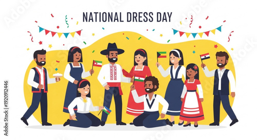 People in traditional clothing celebrating national dress day with flags