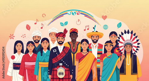 Diverse group of people wearing traditional clothing from around the world with rainbow