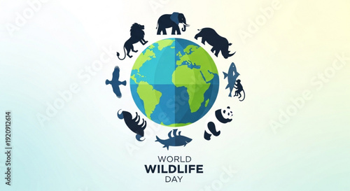 World wildlife day awareness poster with animal silhouettes around earth