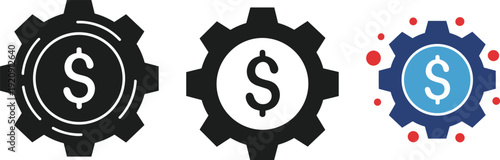  Minimalist Gear with Dollar Sign Icons Vector Set in Black Solid Outline and Blue Dotted Styles for Finance Money Management Fintech and Business Automation