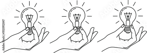  Minimalist Hand Holding Light Bulb Vector Set with Progressive Idea Ignition Stages Unlit Spark and Bright Rays for Innovation Creativity and Inspiration Designs