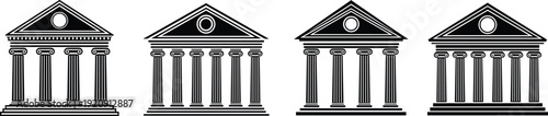  Minimalist Black Classical Building Facade Icons Vector Set with Columns Pediment and Central Emblem for Bank Museum Courthouse and Government Institution
