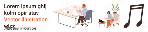 Teamwork, remote work culture, office design, productivity, music, digital communication. Two people working at a desk with a musical note icon nearby. Teamwork and remote work culture concept