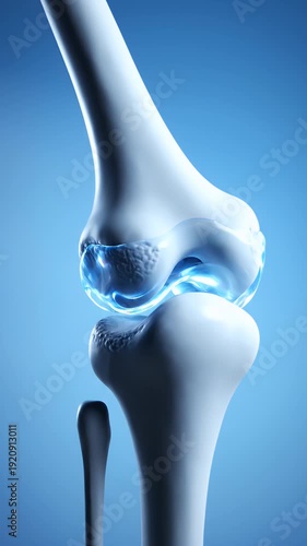 Detailed 3D rendering of a healthy human knee joint with glowing blue synovial fluid and clean bone structure against a vibrant blue gradient
