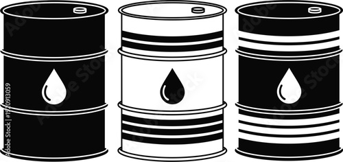  Minimalist Black Oil Barrel Icons Vector Set with Oil Drop Symbols and Striped Details for Petroleum Energy Fuel Industry and Environmental Illustrations (