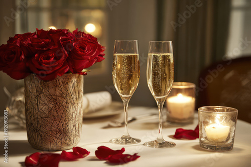 Red Roses Bouquet Champagne Glasses on White Table in Romantic Restaurant