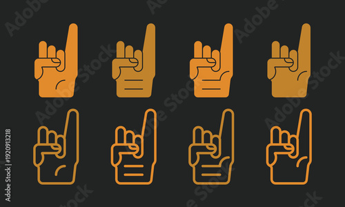 Set of Vibrant Golden Rock Horns Hand Icons on Black