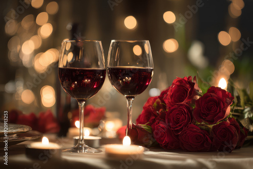 Red Wine Glasses with Roses and Candles on Table in Romantic Setting