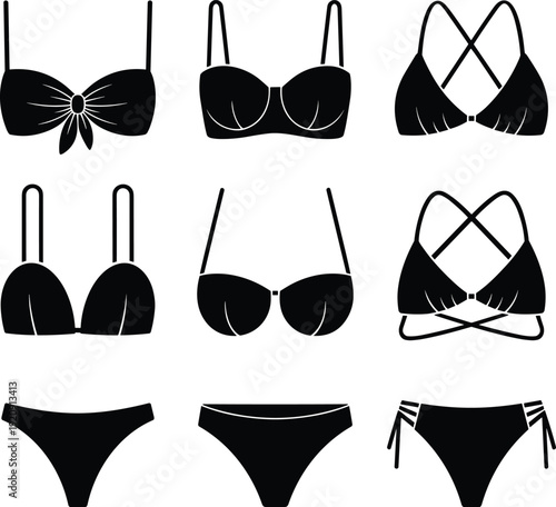 Bikini swimwear silhouettes set, women swimsuit tops and bottoms collection, black vector fashion illustration isolated on white