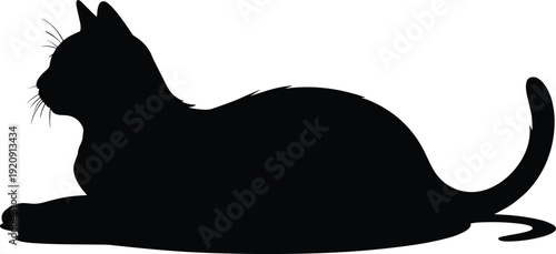 Black cat silhouette resting profile, domestic feline animal shape, minimalist pet illustration isolated on white background for design use