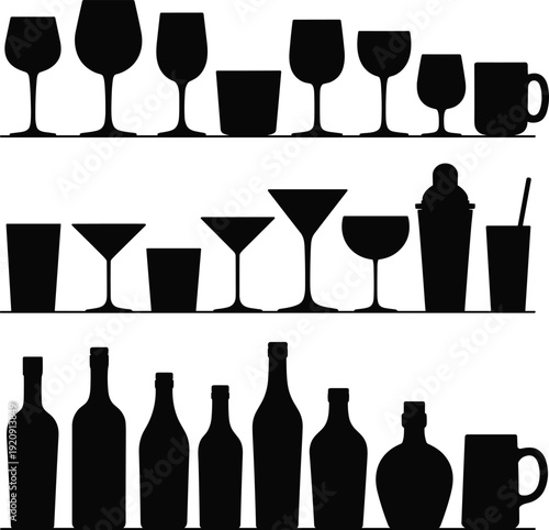 Drinkware and bottle silhouettes collection, wine glasses vector, cocktail tumblers illustration, barware design icons, black isolated pattern, hospitality art
