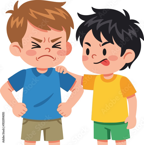 A young boy in a blue shirt scolding another boy during ramadhan, islam celebration, outdoors, vector illustration