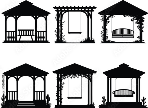 Garden gazebo and pergola silhouette set, outdoor pavilion structures with swings and benches, black vector illustrations isolated
