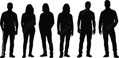 Black silhouettes of diverse business women in suits, family members showing growth, and casual group of people isolated on white background for lifestyle concept