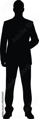 Black silhouette of a professional businessman standing in a formal suit isolated on white background for corporate leadership, career success, and mystery concept
