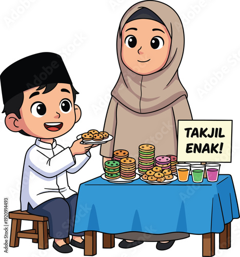 Young boy giving takjil to a woman during ramadhan, illustration of islamic charity and kindness in daily life