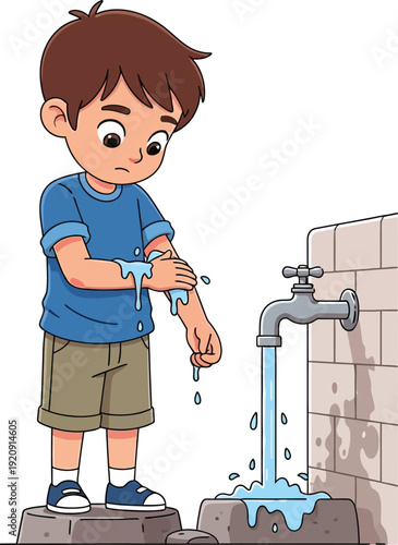 A young boy washes his hands under a faucet during the holy month of Ramadhan