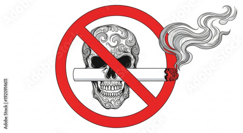 No smoking warning sign with skull and cigarette