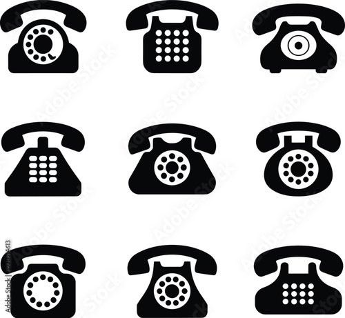 Vintage telephone icon set, retro landline phone silhouettes, black communication symbols collection isolated on white background vector illustration