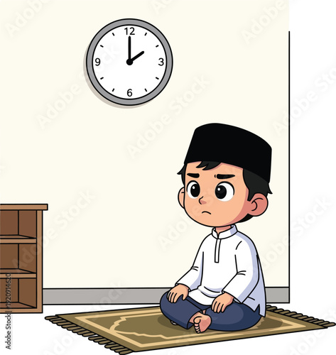 A young boy sits in contemplation during Ramadhan in an Islamic setting