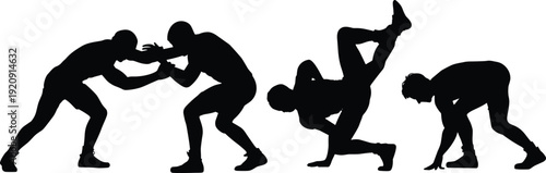 Wrestling silhouettes sequence, grappling positions illustration, sports combat design, martial arts training icon, athletic movement vector, competitive fighting pattern, isolated
